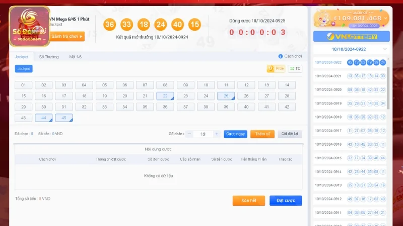 Bảng kết quả thống kê đến 50 kỳ tại Mega 6/45 SODO