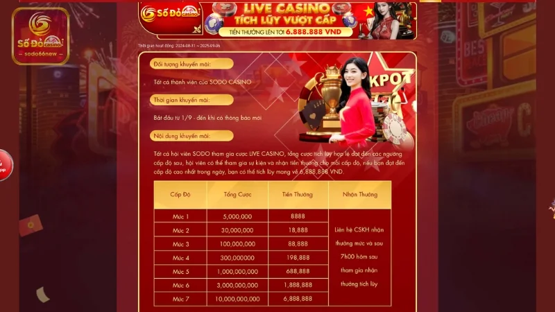Live casino tích lũy vượt cấp thưởng đến 6.888.888 VND