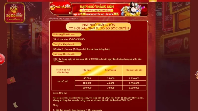 Nạp tiền từ 50K nhận khuyến mãi tại sảnh VN xổ số